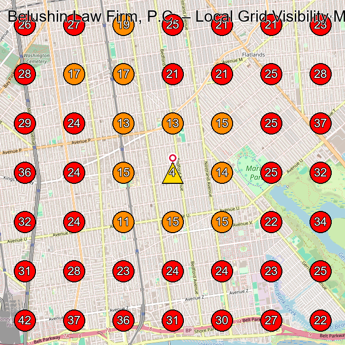 Belushin Law Firm, P.C. GeoGrid visibility map for Personal Injury Attorney in Brooklyn